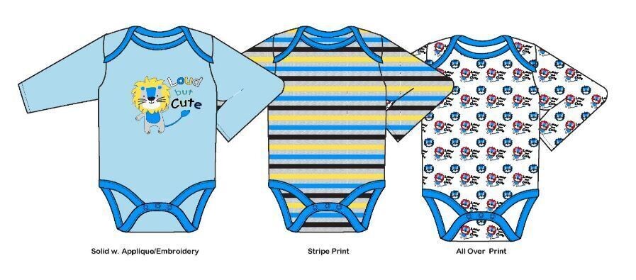 . Case of [24] Baby Boys' Long Sleeve Bodysuits - 0-9M, 3 Pack, Lion .