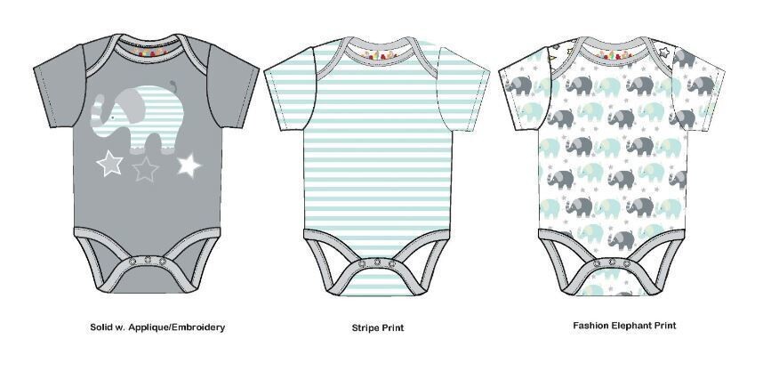 . Case of [24] Babies' Gender Neutral Bodysuits - 12-24M, 3 Pack, Elephant .