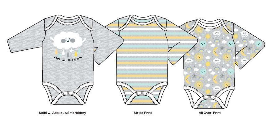 . Case of [24] Babies' Long Sleeve Bodysuits - 0-9M, 3 Pack, Clouds .