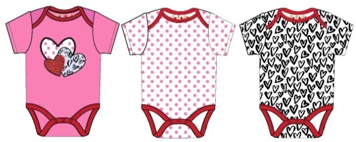 . Case of [24] Baby Girls' Short Sleeve Bodysuits - 0-9M, 3 Pack, Fashion Hearts .