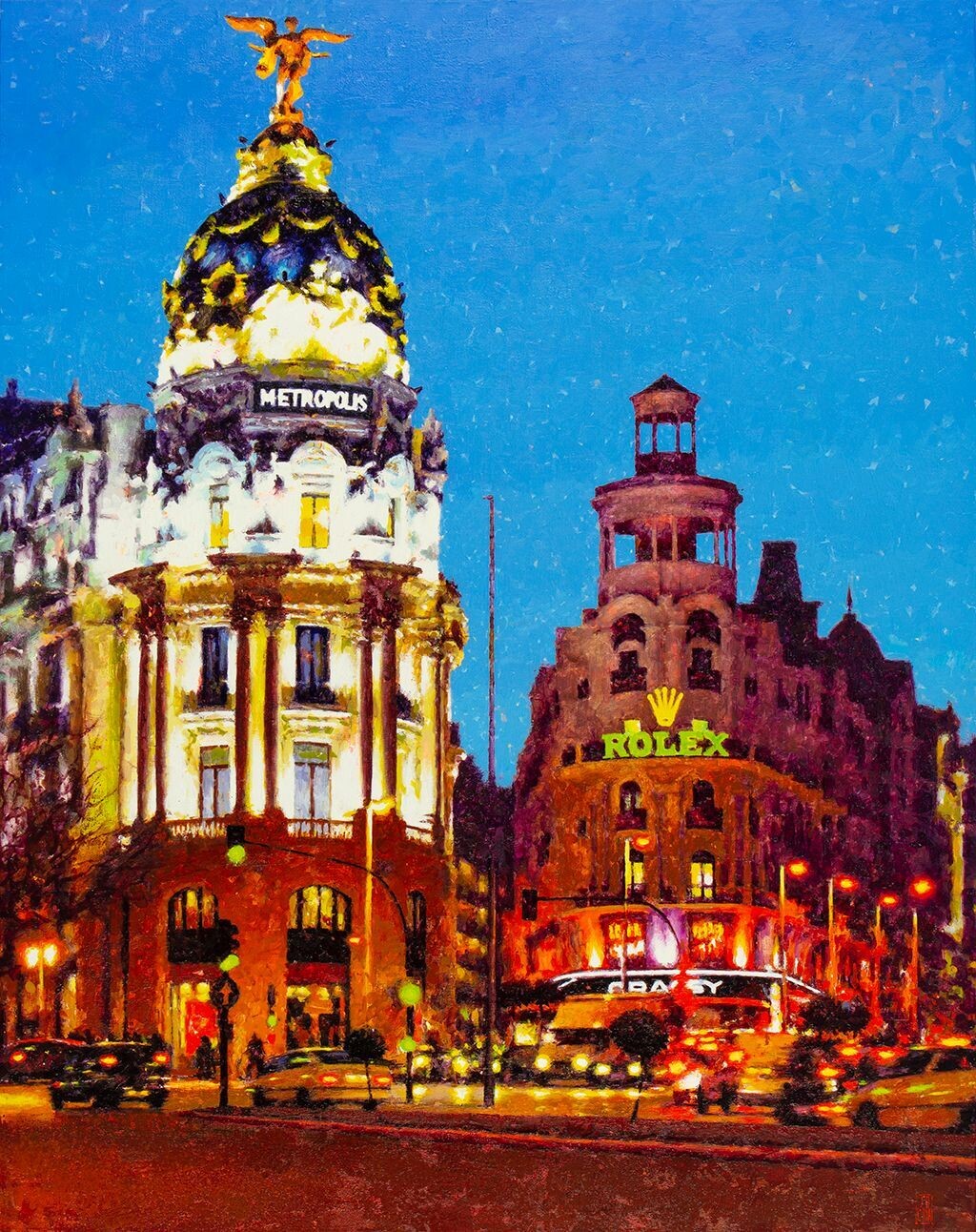 Nocturno de Madrid con los edificios de Metrópolis y Grassy