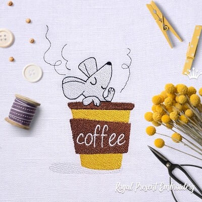 Мышка в чашке с кофе Дизайн машинной вышивки