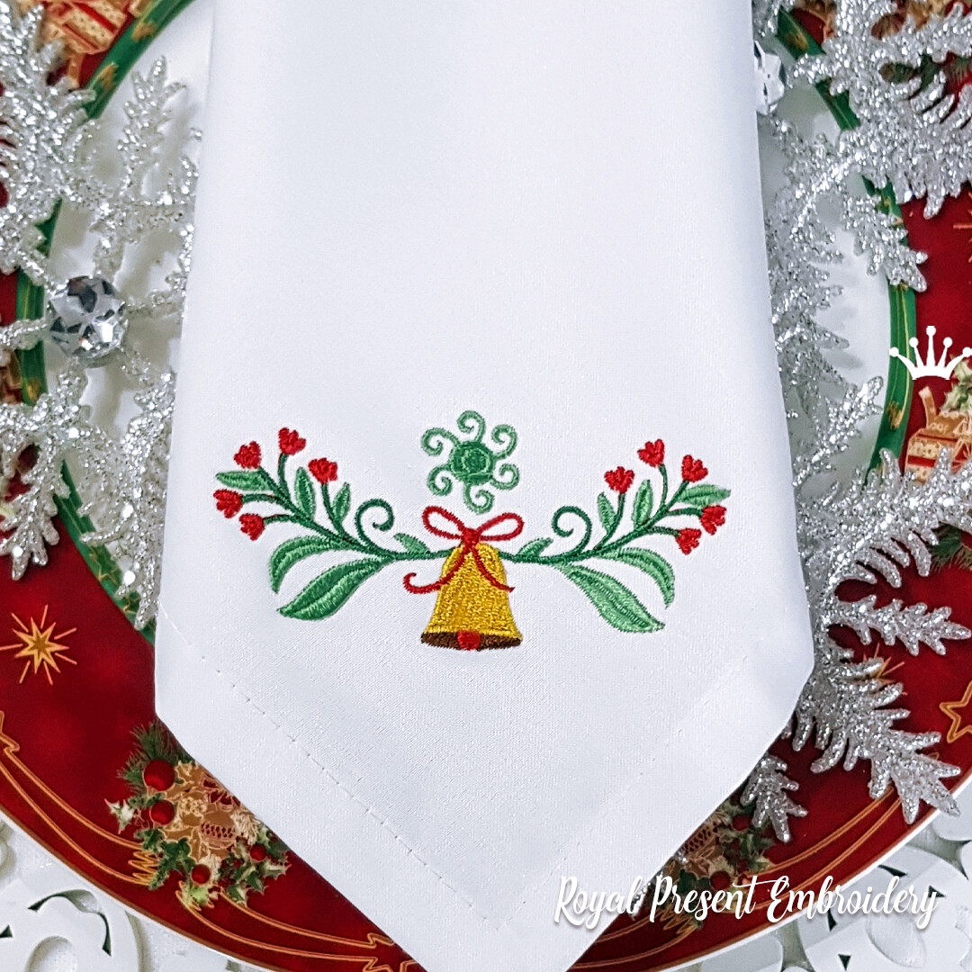 Рождественское украшение с колокольчиком и ягодами Дизайн машинной вышивки