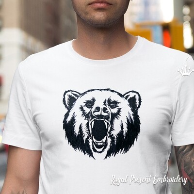Черно белая голова Медведя Дизайн машинной вышивки - 3 размера