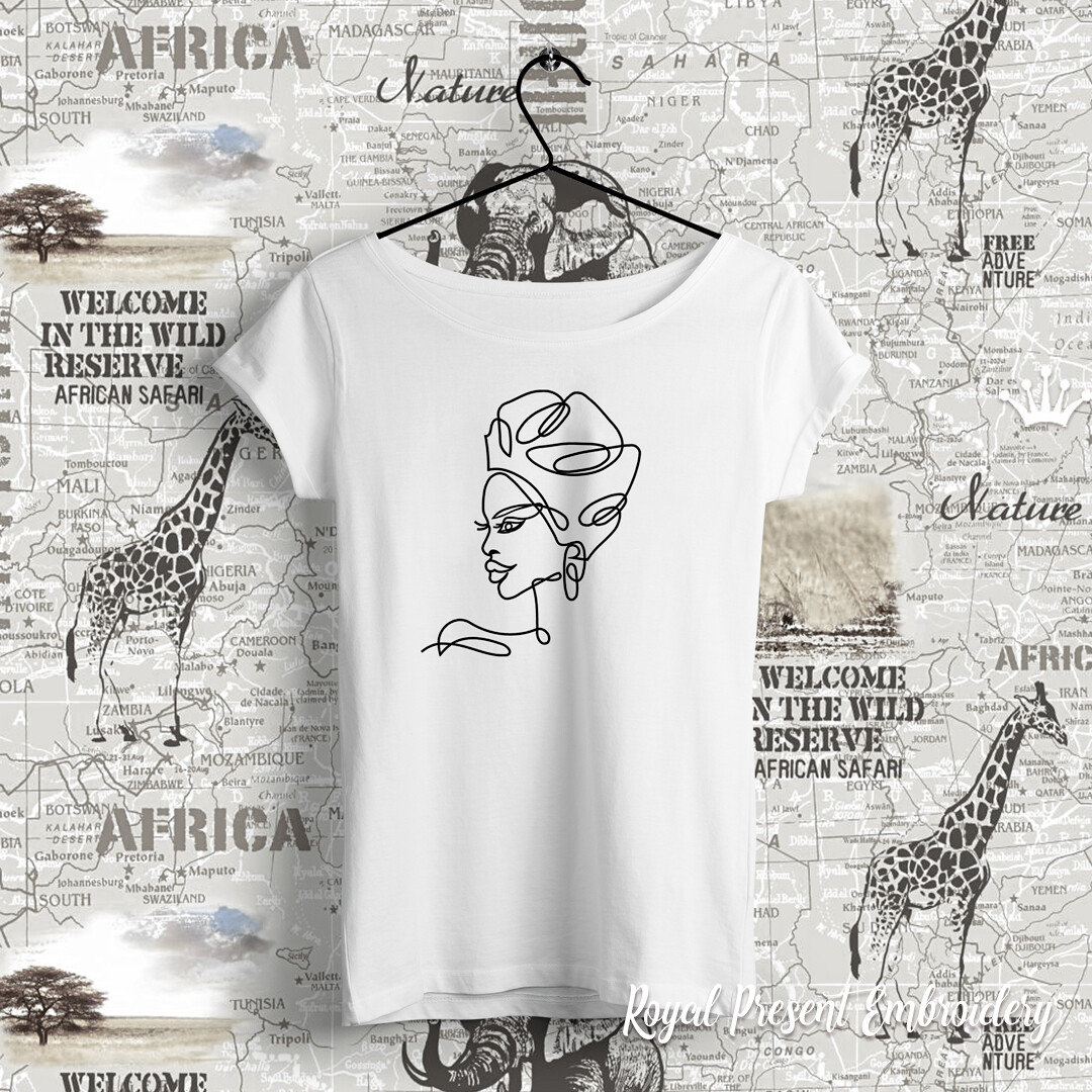 Контурная голова африканской девушки Дизайн машинной вышивки - 5 размеров