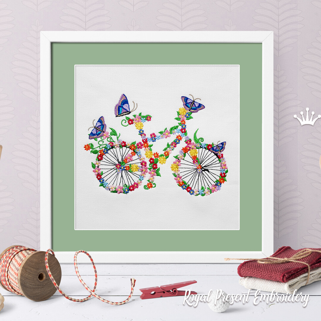 Цветочный велосипед с бабочками Дизайн машинной вышивки - 5 размеров