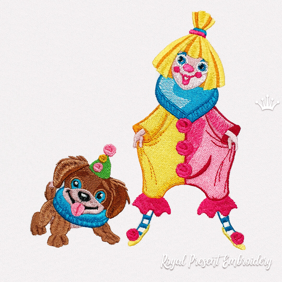 Клоун с собачкой Дизайн машинной вышивки - 4 размера