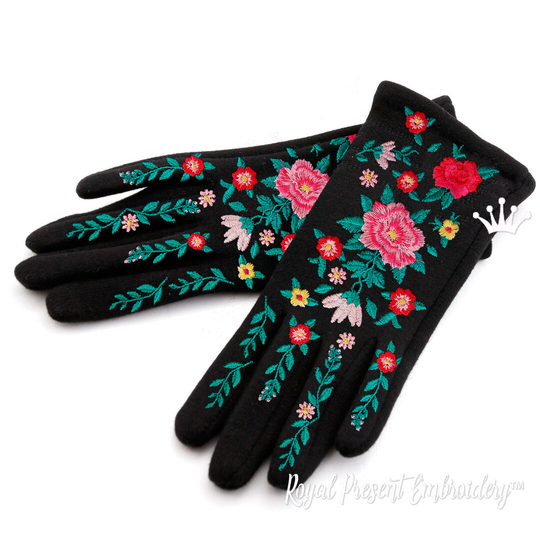 Цветы для перчаток Дизайн машинной вышивки - 2 размера
