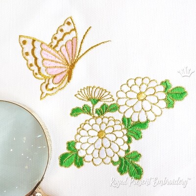 Набор дизайнов машинной вышивки Хризантема и бабочка