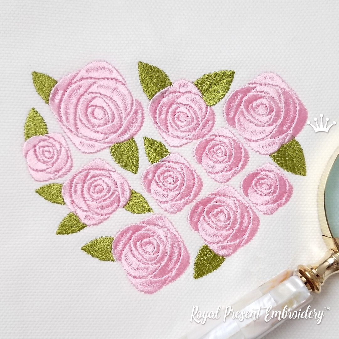 Дизайн машинной вышивки Сердце из садовых роз - 3 размера