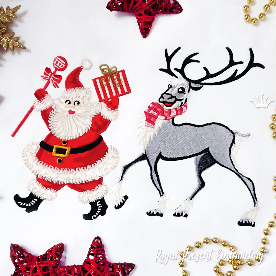 Дизайн машинной вышивки Дед Мороз и Рождественский Олень - 2 размера