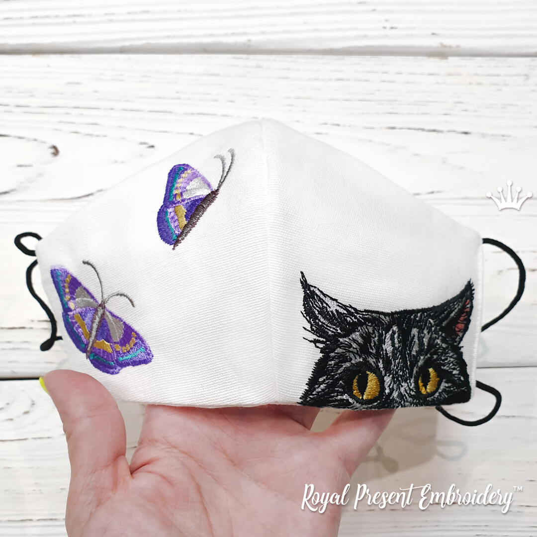 Кот и бабочки Маска для Лица Дизайн Машинной Вышивки