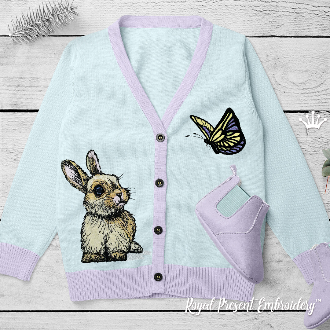 Кролик с бабочкой набор дизайнов машинной вышивки - 6 размеров