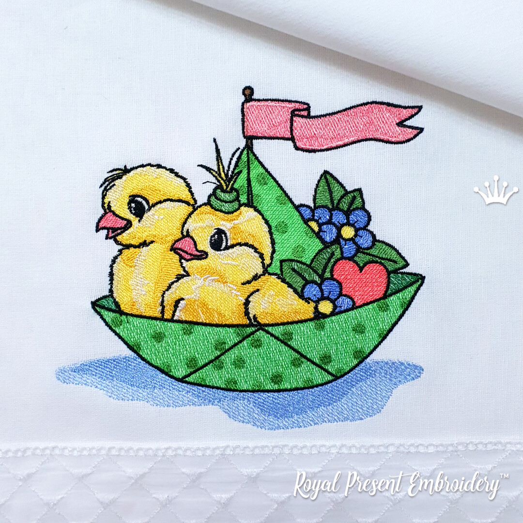 Весенние Цыплята в лодочке Дизайн машинной вышивки - 5 размеров