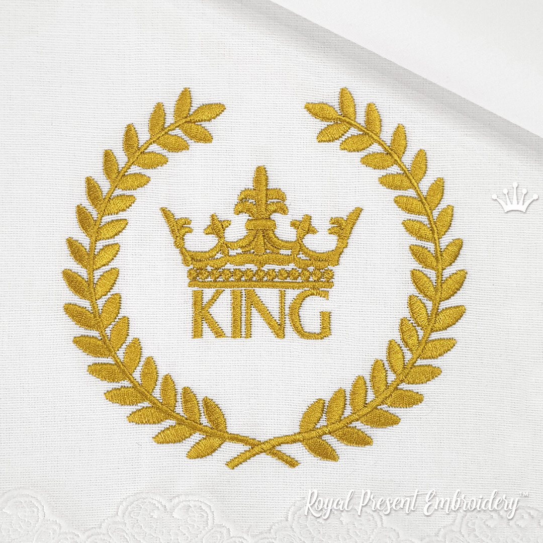 Надпись Король с Короной в Венке Дизайн машинной вышивки - 2 размера