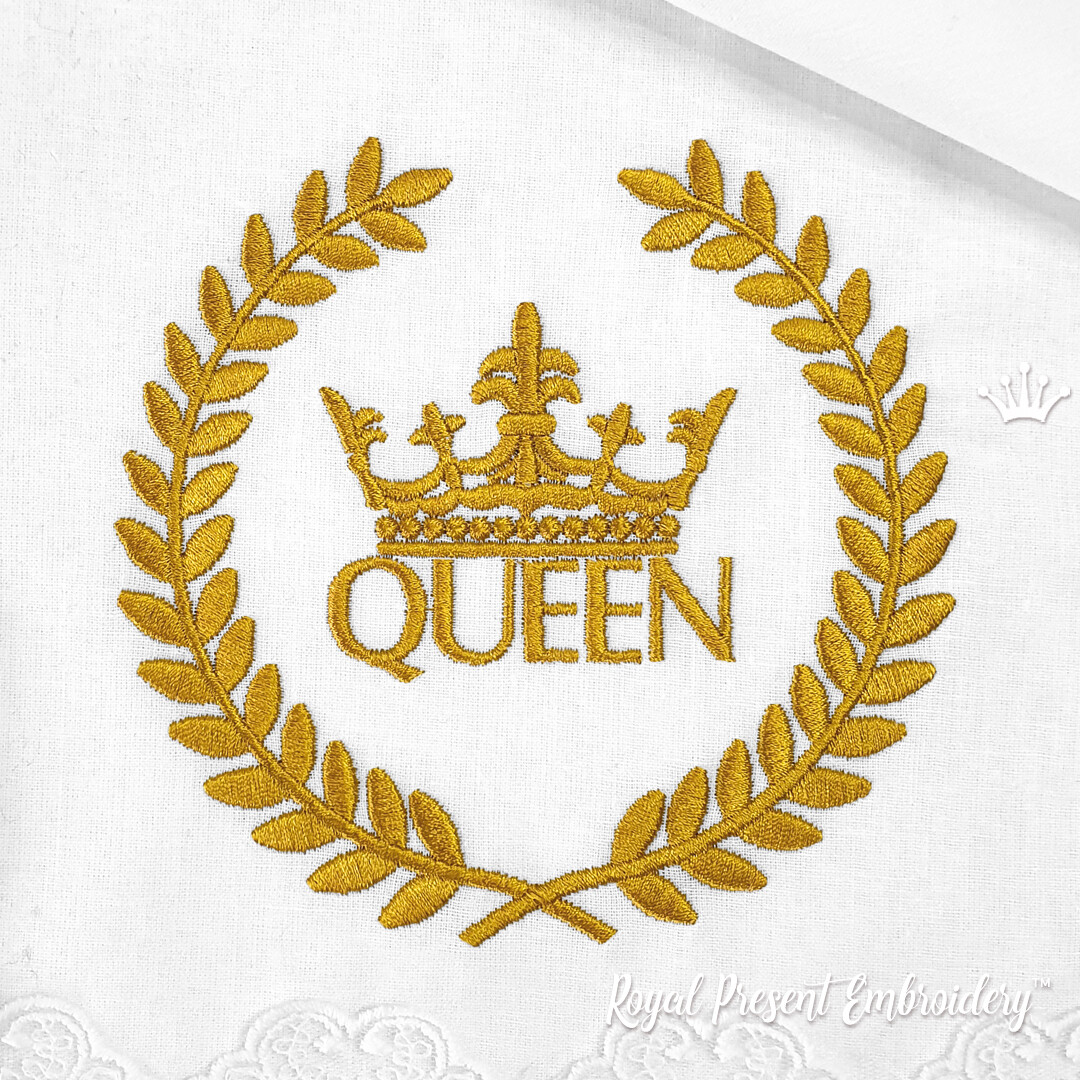 Надпись Королева с Короной в Венке Дизайн машинной вышивки - 2 размера