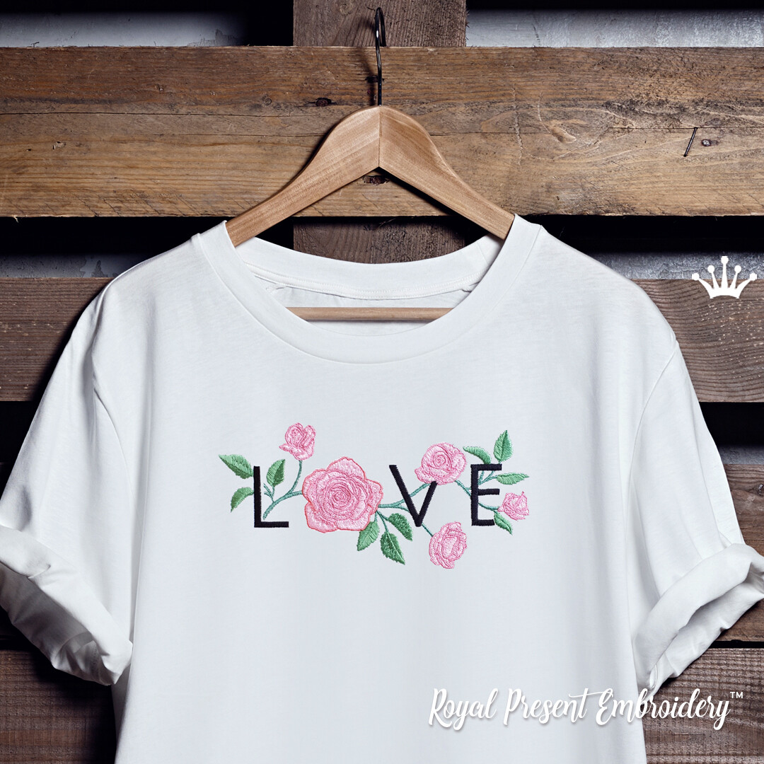 Надпись LOVE с Розами Дизайн машинной вышивки - 6 размеров