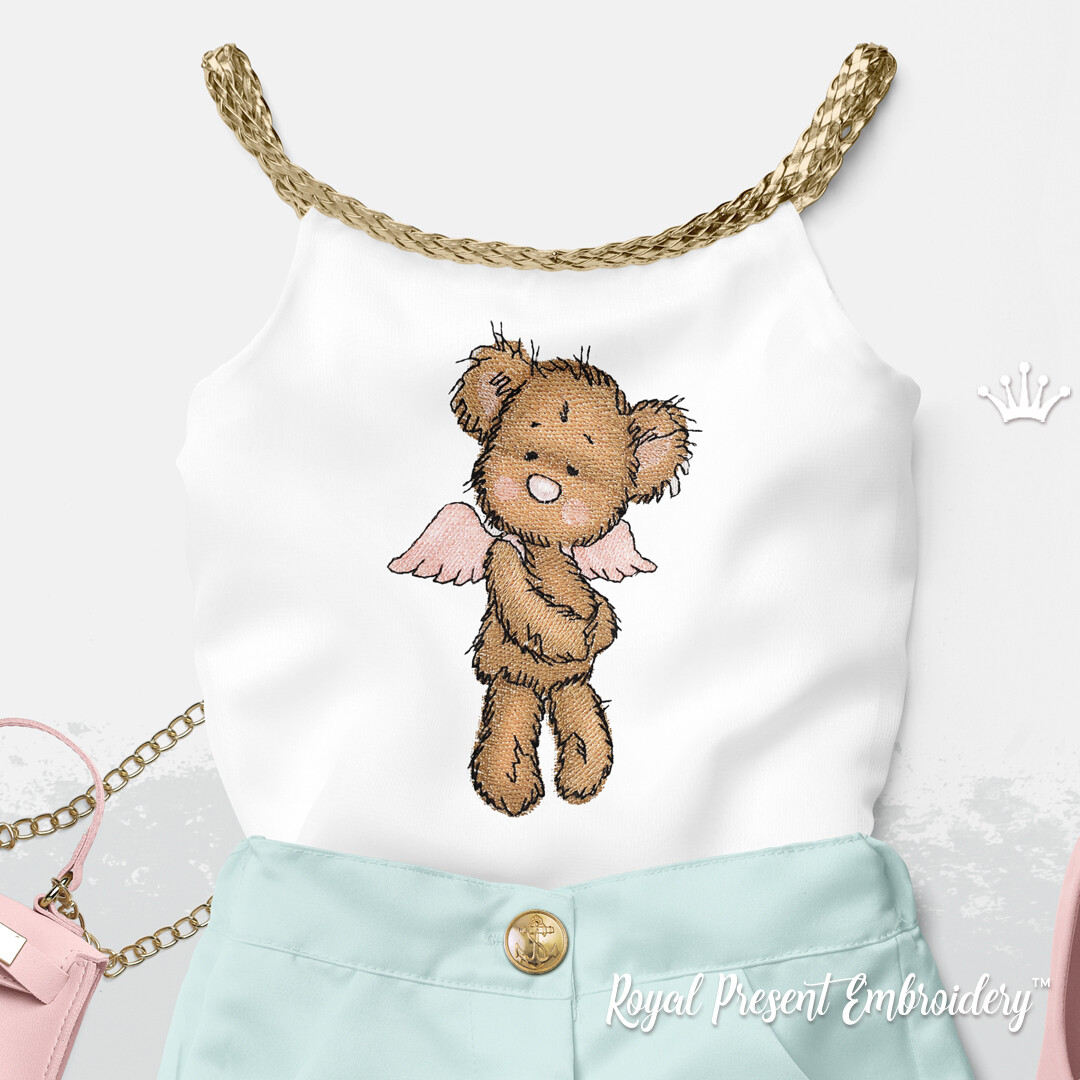 Медвежонок с крыльями ангела Дизайн машинной вышивки - 4 размера