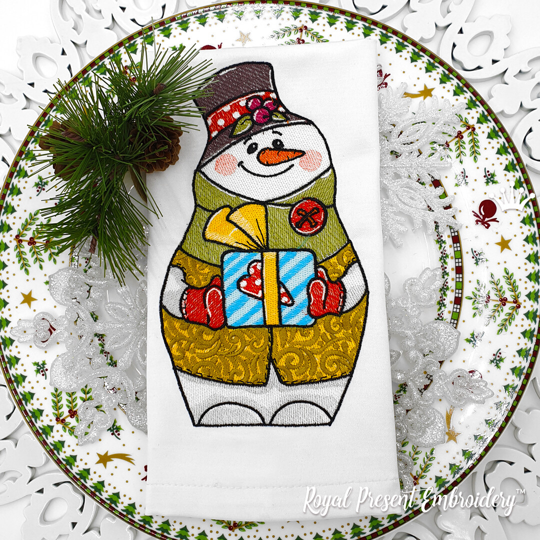 Снеговик с подарком Дизайн машинной вышивки - 4 размера