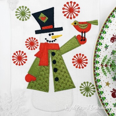 Снеговик с Птицей Дизайн машинной вышивки - 4 размера