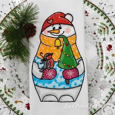 Снеговик с Елкой Дизайн машинной вышивки - 4 размера