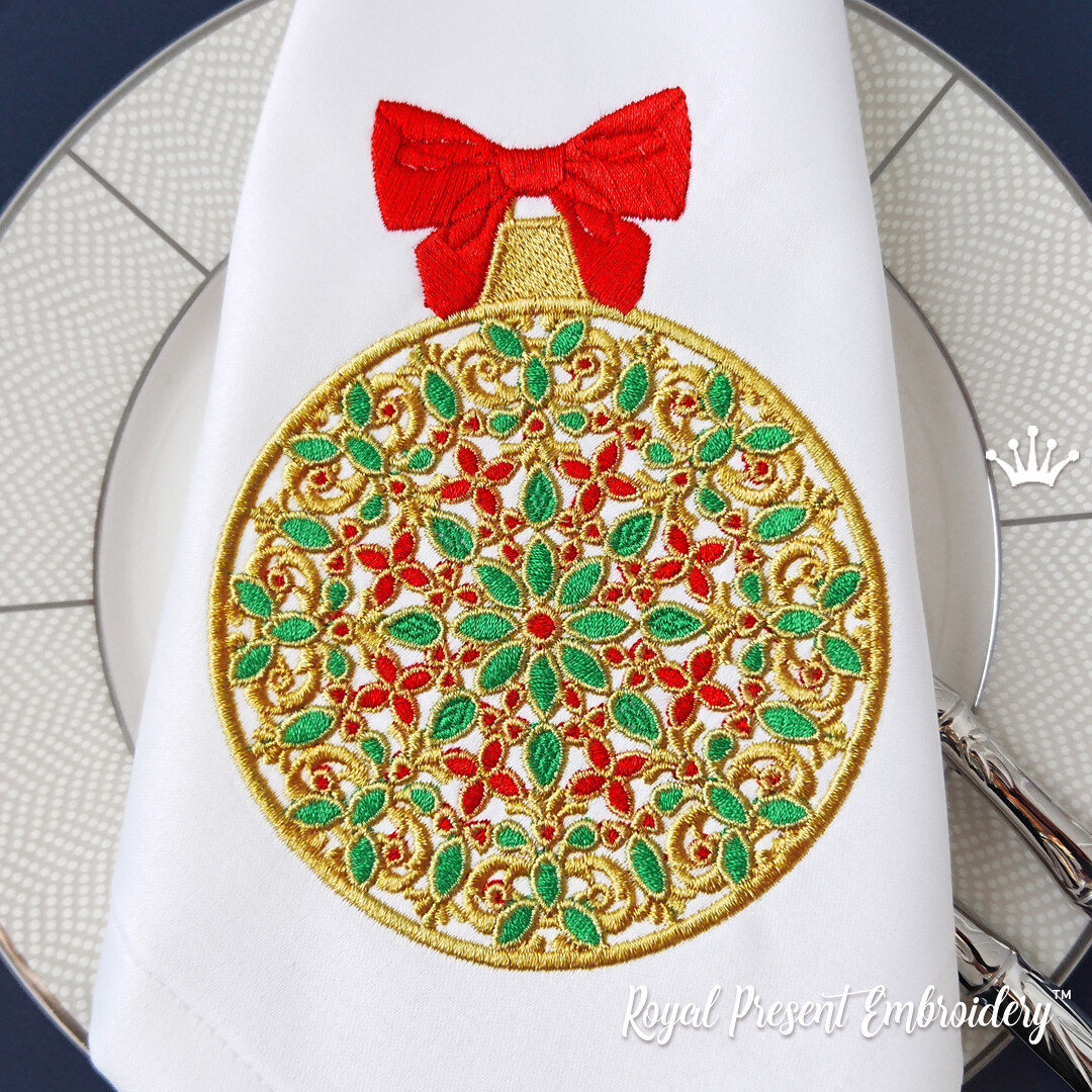 Рождественский Дизайн машинной вышивки Елочный шар - 8 размеров