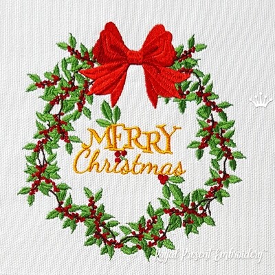 Дизайн машинной вышивки Рождественский венок с ягодами - 4 размера