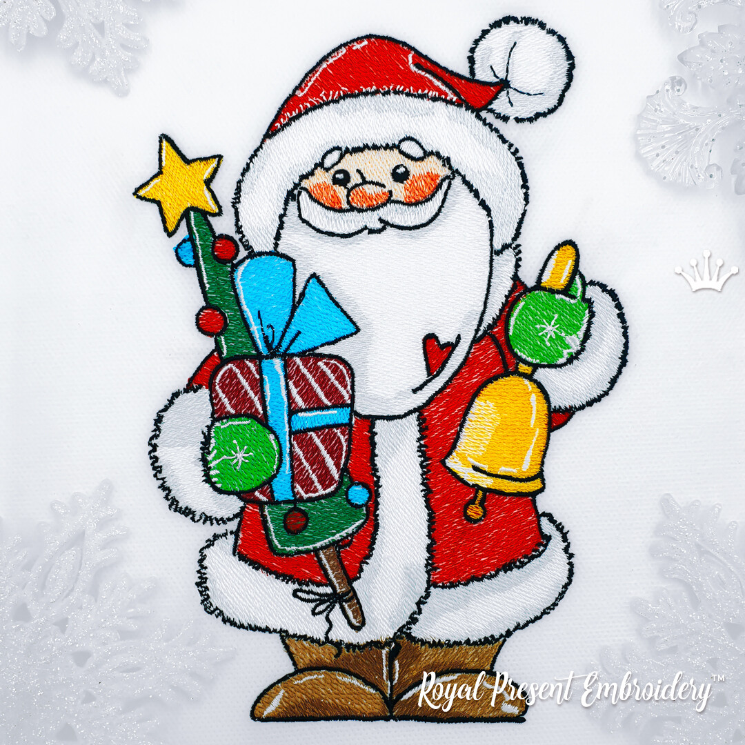 Дед Мороз с елочкой и колокольчиком Дизайн Машинной Вышивки - 4 размера