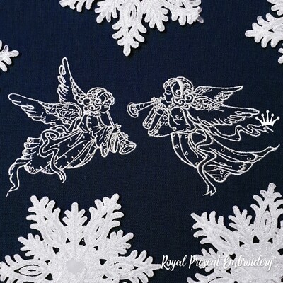 Рождественские Ангелы с горном Дизайны машинной вышивки - 3 размера