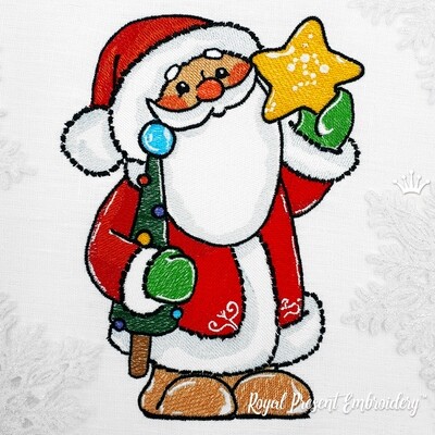 Дед Мороз со звездочкой и елочкой Дизайн Машинной Вышивки - 4 размера