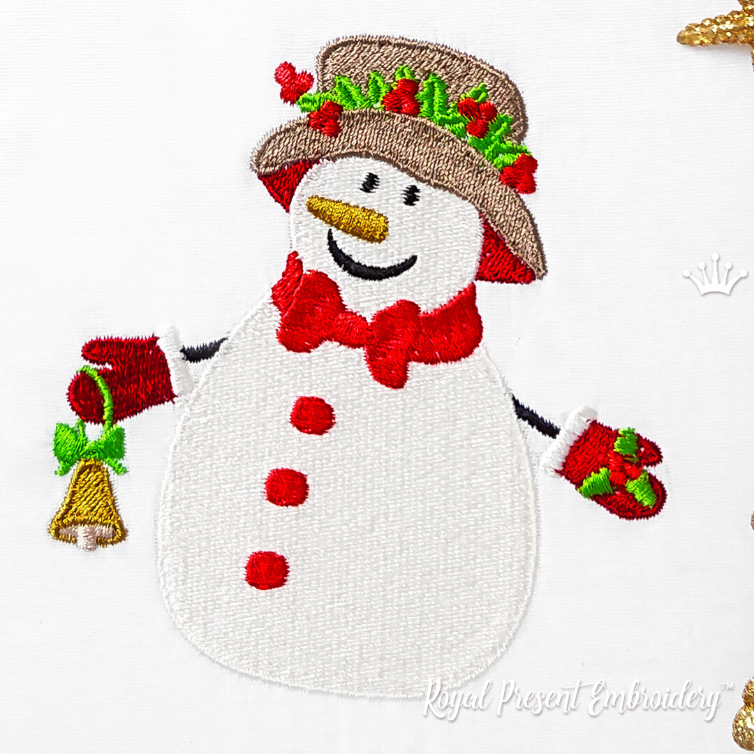 Снеговик с колокольчиком Дизайн для машинной вышивки - 6 размеров