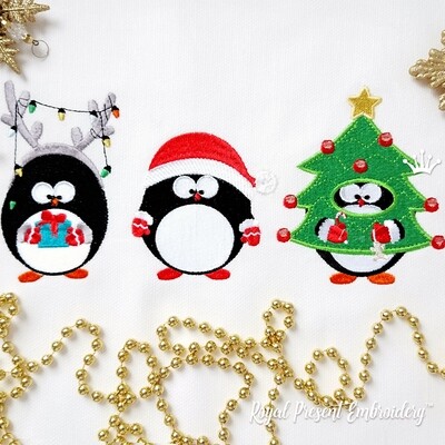 Дизайны машинной вышивки Смешные новогодние Пингвины