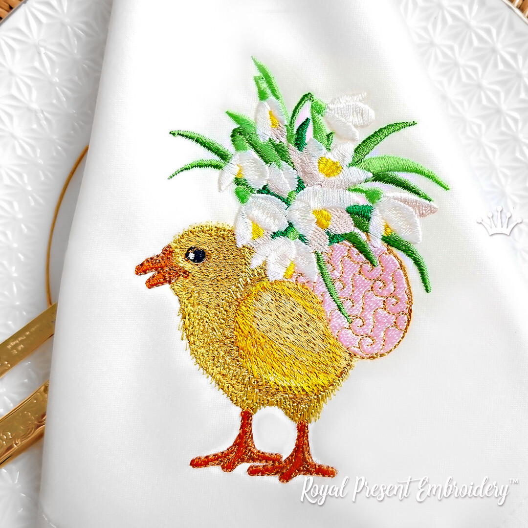 Дизайн машинной вышивки Пасхальный цыпленок несет яйцо с цветами
