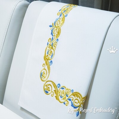 Бордюр Золотой с голубым Дизайн машинной вышивки - 7 размеров