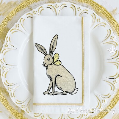 Кролик с золотым бантом Дизайн машинной вышивки - 3 размера