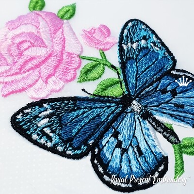 Бабочка на розе Дизайн машинной вышивки - 3 размера