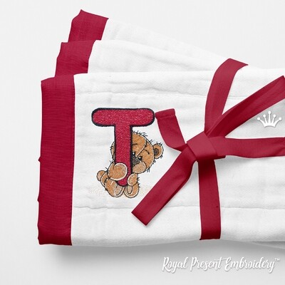 Медвежонок Тедди буква T Дизайн машинной вышивки - 4 размера