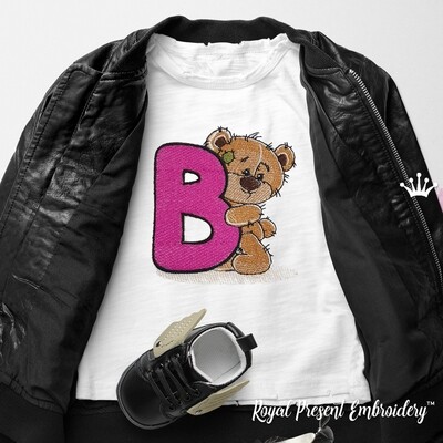 Медвежонок Тедди буква B Дизайн машинной вышивки - 4 размера