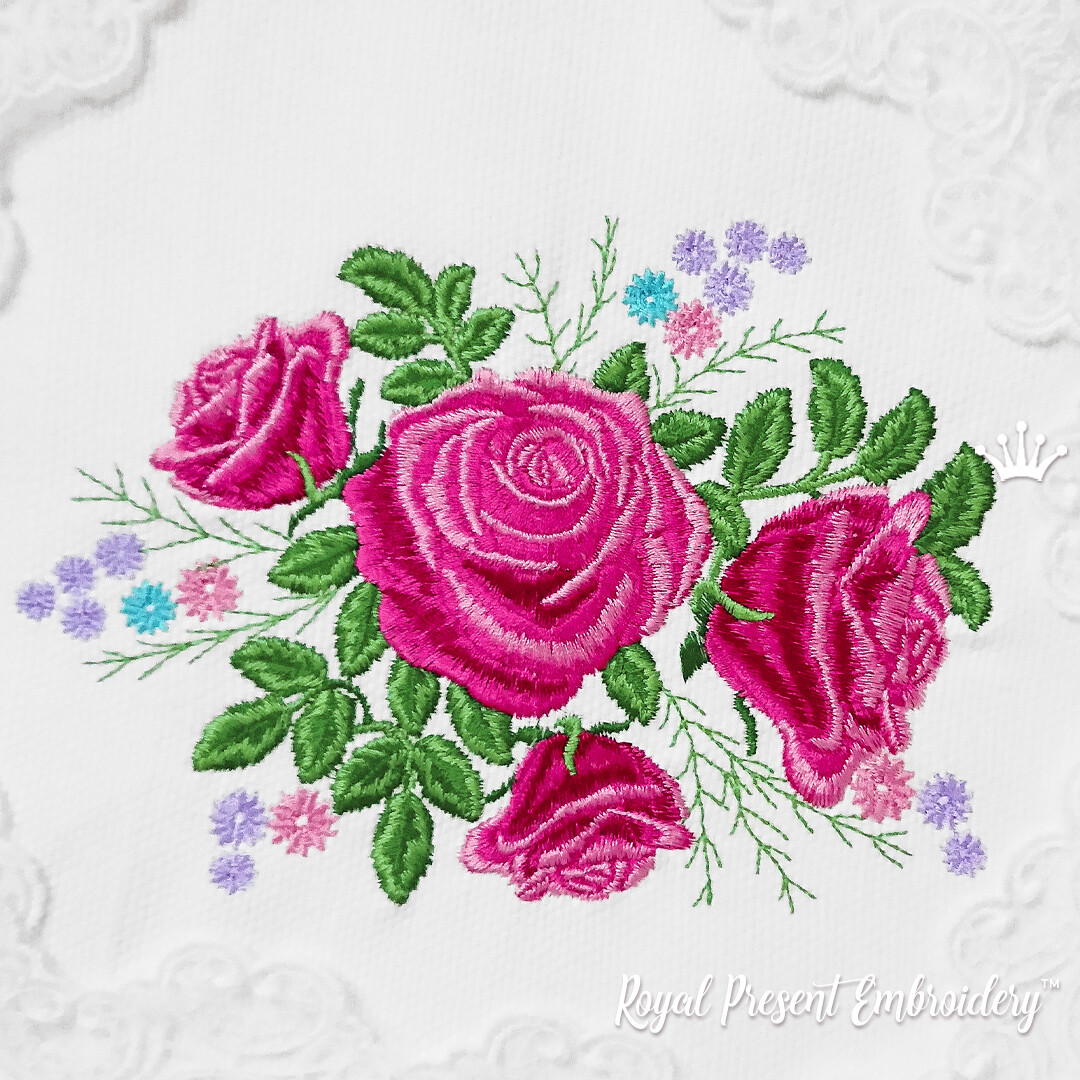 Дизайн машинной вышивки букет садовых роз - 2 размера