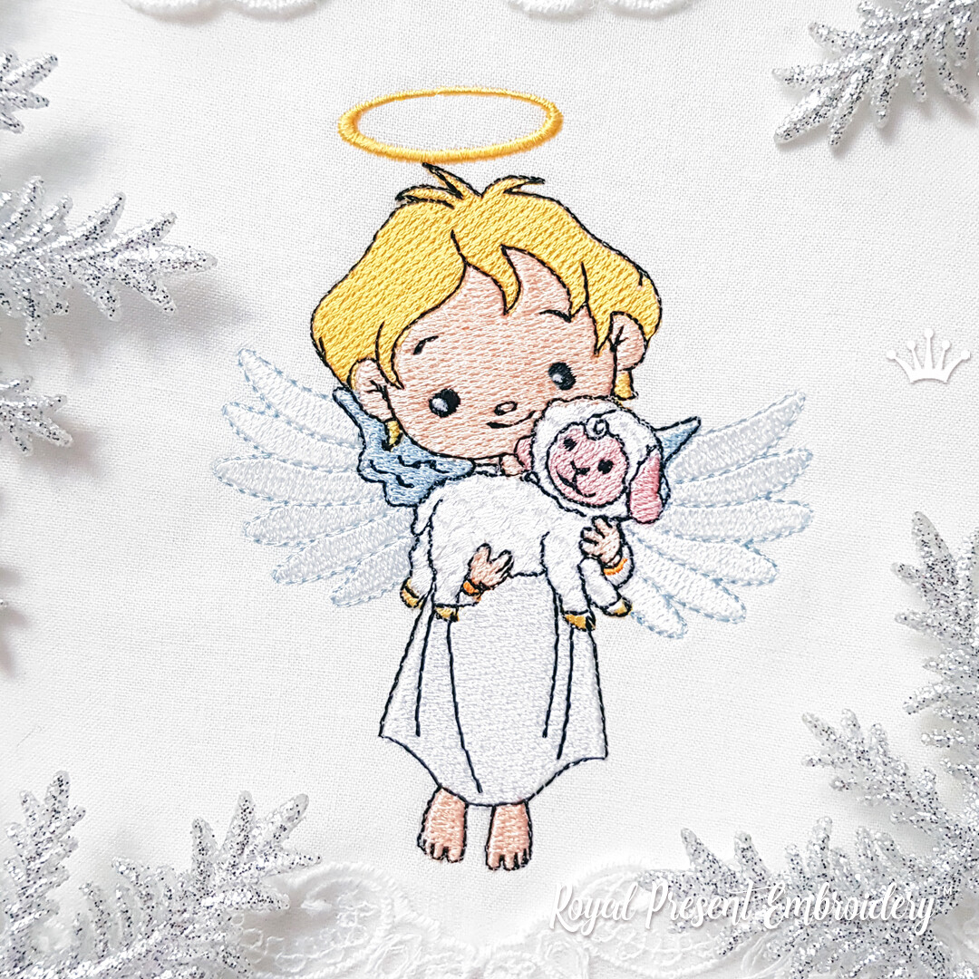 Дизайн машинной вышивки Рождественский Милый Ангел с маленькой овечкой - 3 размера