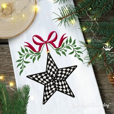 Рождественская звезда в клеточку с бантом Дизайн машинной вышивки