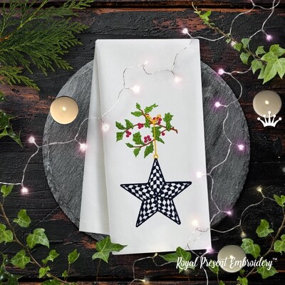 Клетчатая Рождественская звезда с остролистом Дизайн машинной вышивки