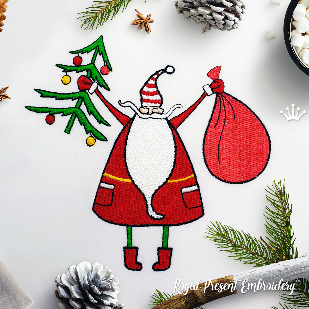 Мультяшный Дед Мороз с Елкой Дизайн Машинной Вышивки - 3 размера