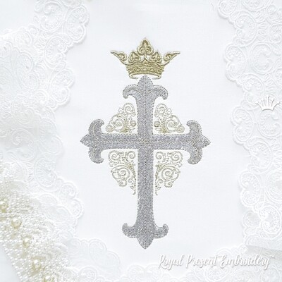 Дизайн машинной вышивки Крест с короной и орнаментом - 3 размера