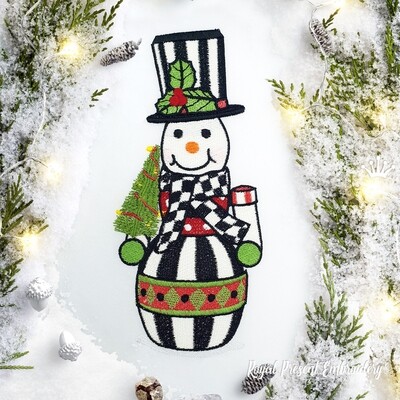 Клетчатый Снеговик с елкой Дизайн машинной вышивки - 3 размера