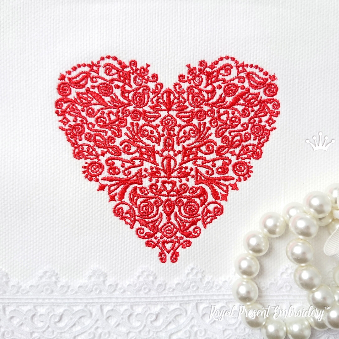 Дизайн машинной вышивки Красное кружевное Сердце - 2 размера