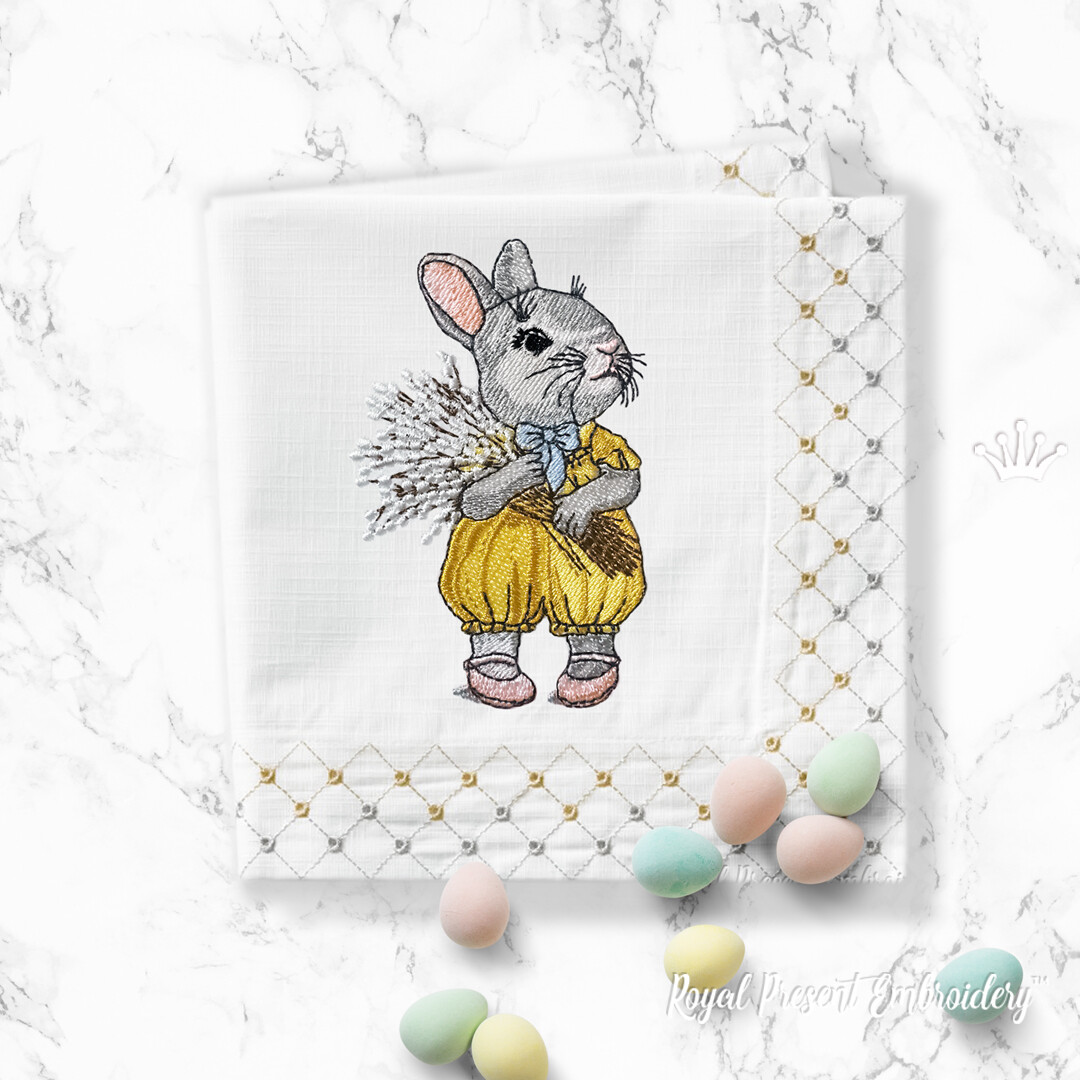 Маленький Кролик с вербой Пасхальный Дизайн машинной вышивки - 4 размера