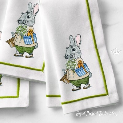 Папа Кролик с шляпой Пасхальный Дизайн машинной вышивки - 4 размера