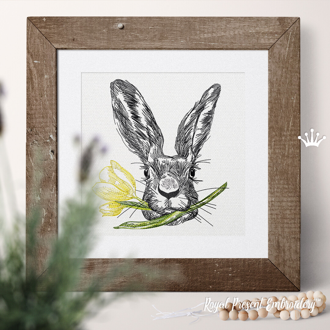 Дизайн машинной вышивки Пасхальный Кролик с тюльпаном