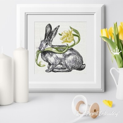 Дизайн машинной вышивки Весенний Кролик с тюльпаном - 3 размера